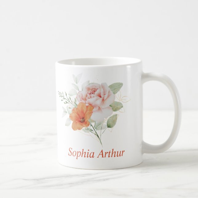 Personalized Pink Gold Flower Bouquet Coffee Mug (Right)