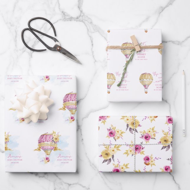  Personalized Pink Gold Hot Air Balloons Wrapping Paper Sheet (Front)