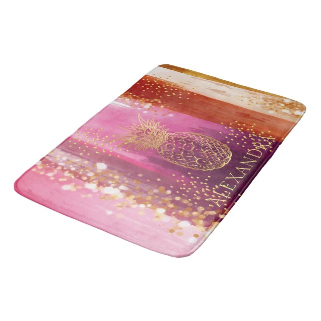 Personalized Pink Gold Pineapple Glitter Bath Mat (Angled)