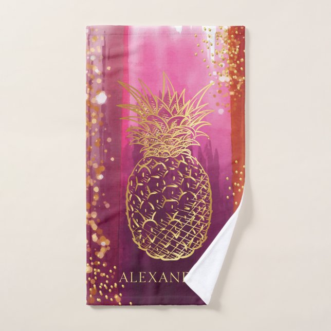 Personalized Pink Gold Pineapple Glitter Hand Towel (Hand Towel)