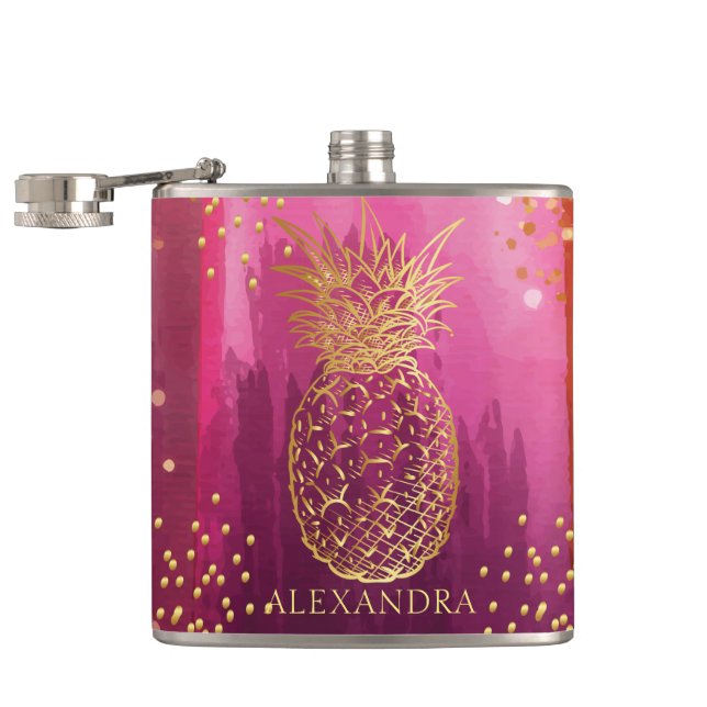 Personalized Pink Gold Pineapple Glitter Hip Flask (Opened)