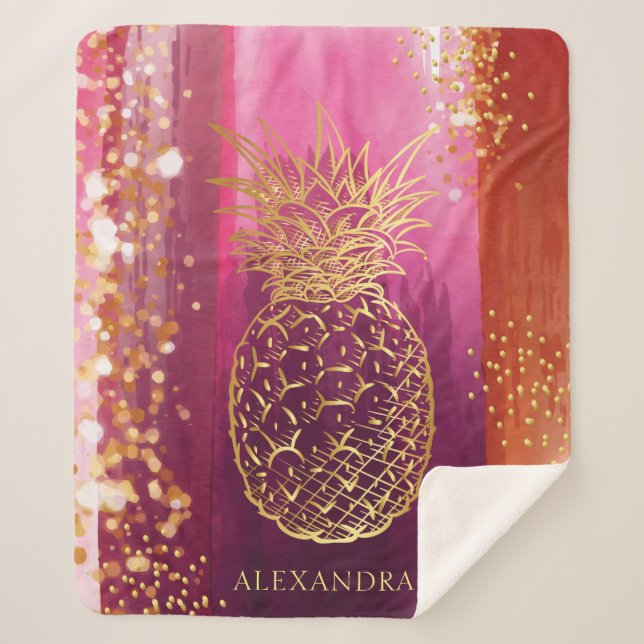 Personalized Pink Gold Pineapple Glitter Sherpa Blanket (Front)