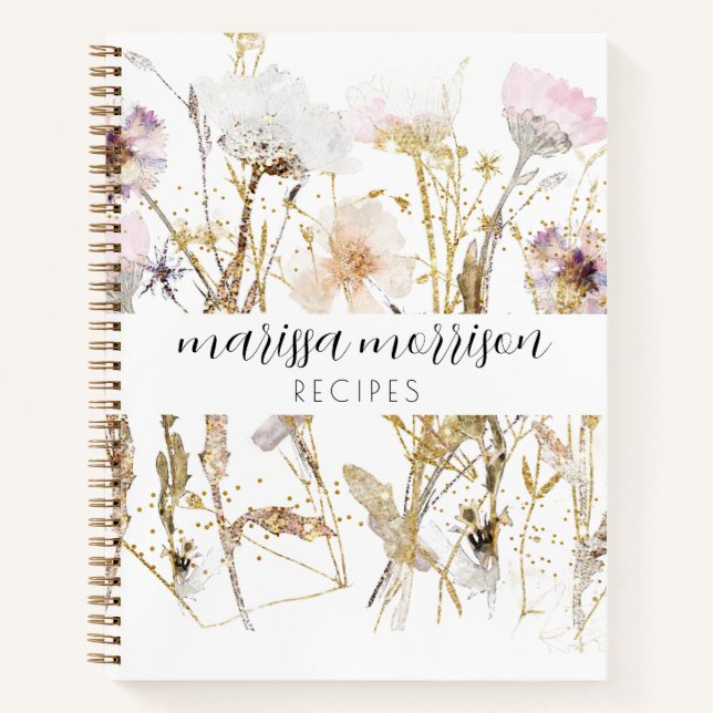 Personalized Pink Gold Wildflower Script Name Notebook (Front)