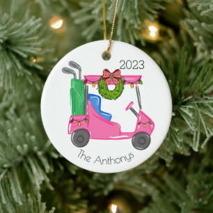 Personalized Pink Golf Cart Christmas Lights Ceramic Ornament