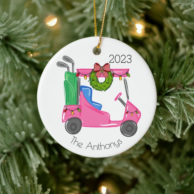 Personalized Pink Golf Cart Christmas Lights Ceramic Ornament (Tree)