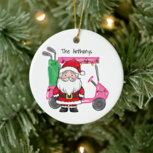 Personalized Pink Golf Cart Santa Christmas Lights Ceramic Ornament