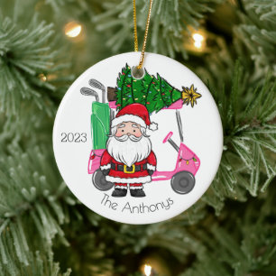 Personalized Pink Golf Cart Santa Christmas Tree Ceramic Ornament