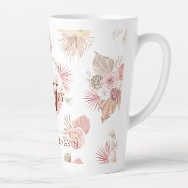 Personalized Pink & Green Boho Florals Latte Mug (Right)