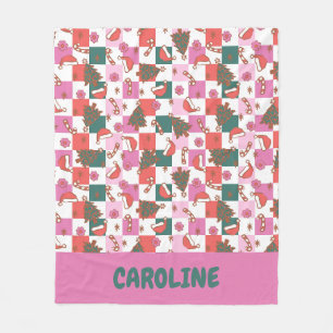 Personalized Pink Green Christmas Cheer Chequered Fleece Blanket