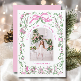 Personalized Pink Green Christmas Family Photo Holiday Card
