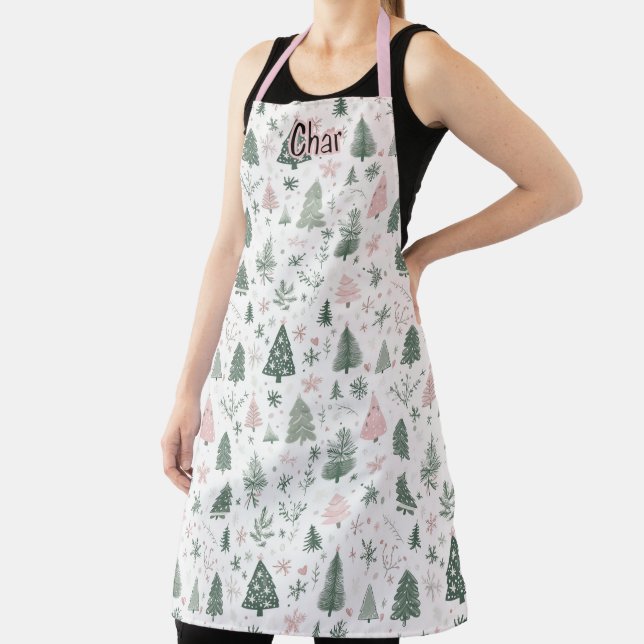 Personalized Pink & Green Christmas Tree Pattern Apron (Insitu)