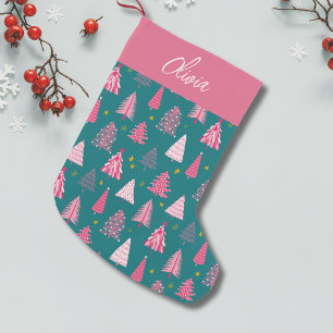 Personalized Pink & Green Christmas Tree Pattern Small Christmas Stocking