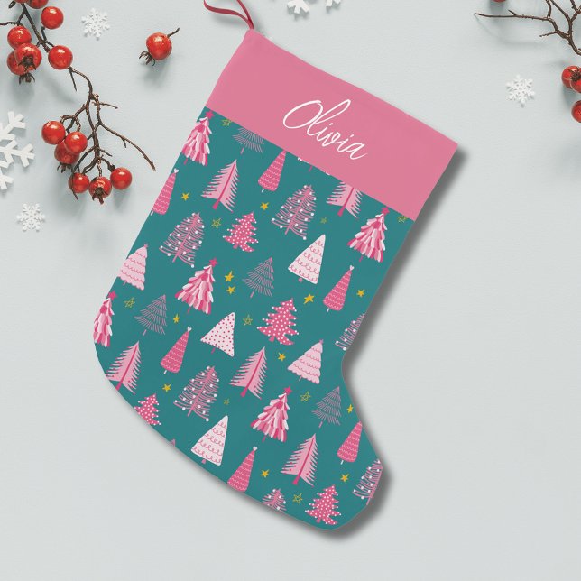 Personalized Pink & Green Christmas Tree Pattern Small Christmas Stocking (Pink Christmas tree winter wonderland personalized Christmas stocking)