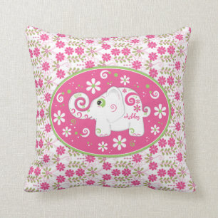 Personalized Pink Green Elephant Daisy Floral Throw Pillow