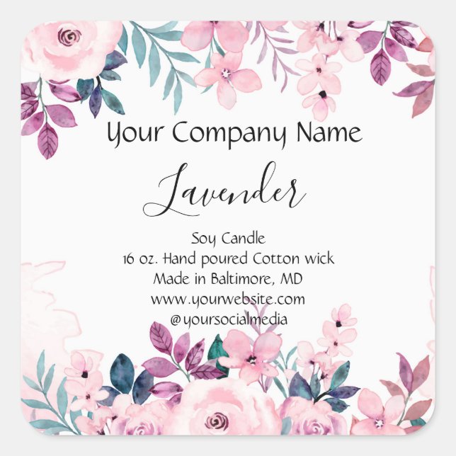 Personalized Pink Green Floral Candle Label (Front)
