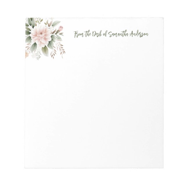 Personalized Pink Green Floral From the Desk of  Notepad (Front)