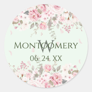 Personalized Pink Green Floral Spray Classic Round Sticker