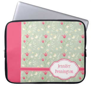 Personalized pink green flowers laptop sleeve
