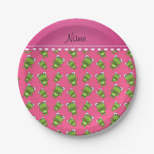 Personalized pink green frogs pink heart stripe paper plate