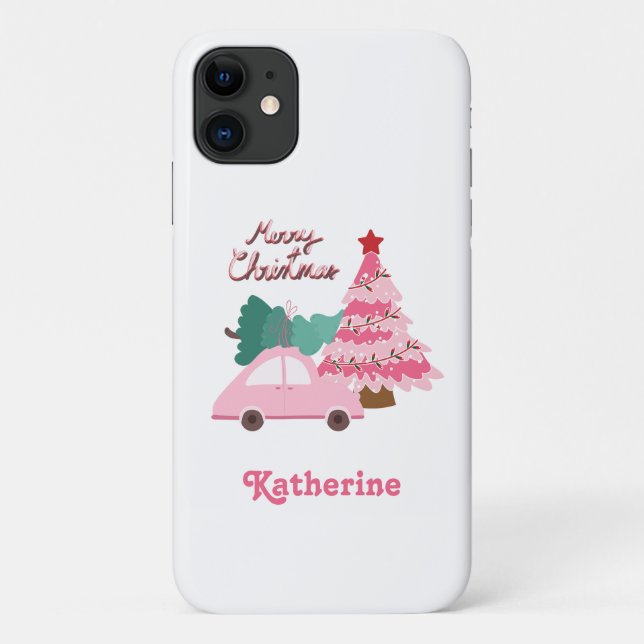 Personalized Pink & Green Merry Christmas Tree Case-Mate iPhone Case (Back)