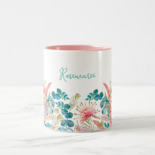 Personalized Pink Grevillea and Eucalyptus Two-Tone Coffee Mug