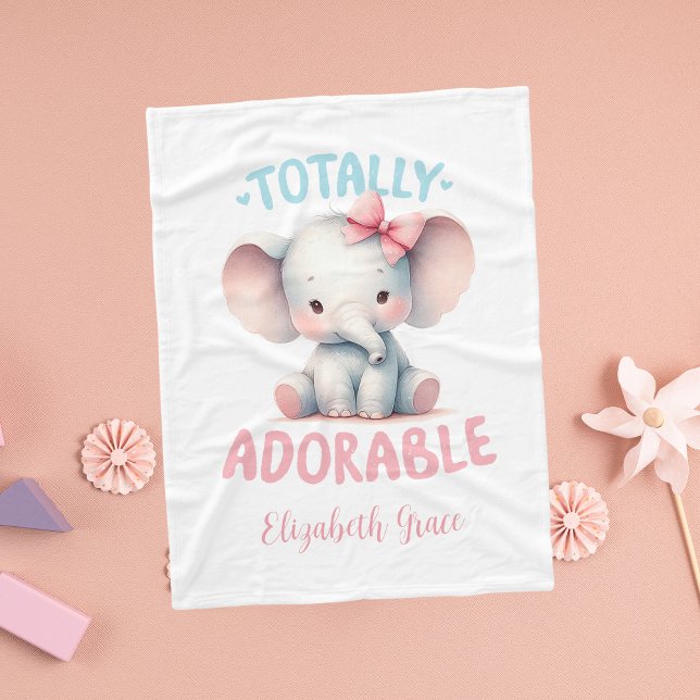 Personalized Pink Grey Baby Elephant Gift Baby Fleece Blanket (Baby Elephant Pink Gray Totally Adorable Personalized Baby Blanket Fleece for baby girl)