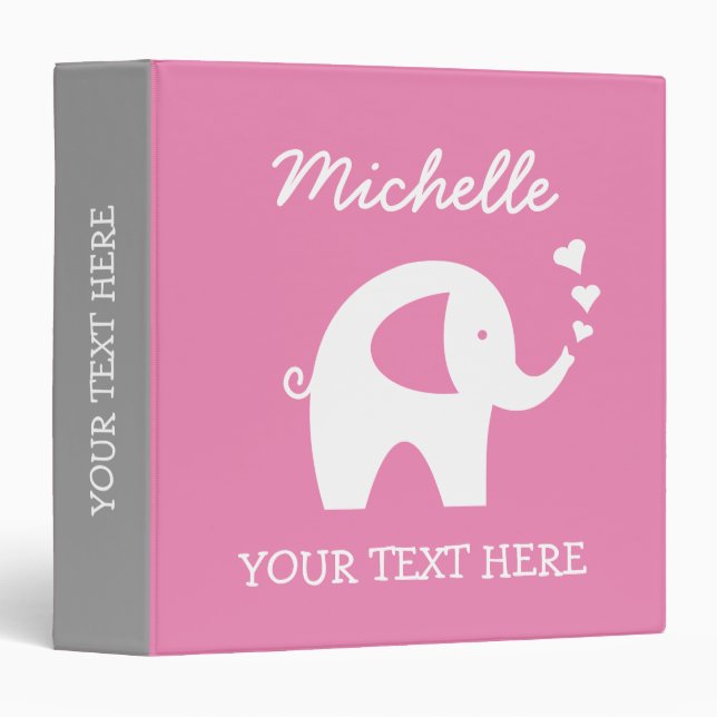 Personalized pink grey binder with baby elephant (Front/Spine)
