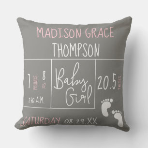 Personalized Pink Grey Birth Stat Name Throw Pillow
