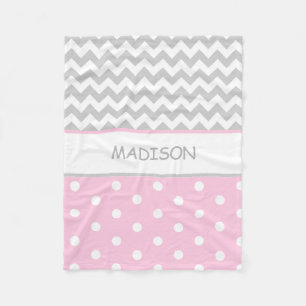 Personalized Pink Grey Chevron Polka Dots Baby Fleece Blanket