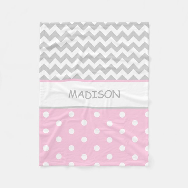 Personalized Pink Grey Chevron Polka Dots Baby Fleece Blanket (Front)