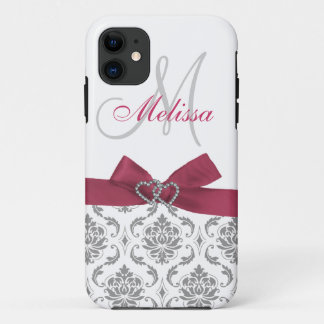 Personalized Pink Grey Damask iPhone 11 Case