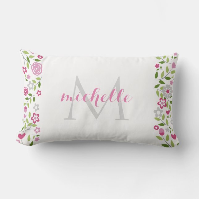 Personalized Pink Grey Floral Monogram Pattern Lumbar Pillow (Front)