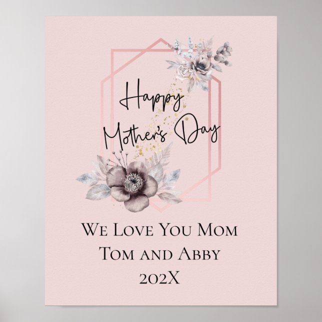 Personalized Pink Grey Floral Mother's Day Gift  Poster (Front)