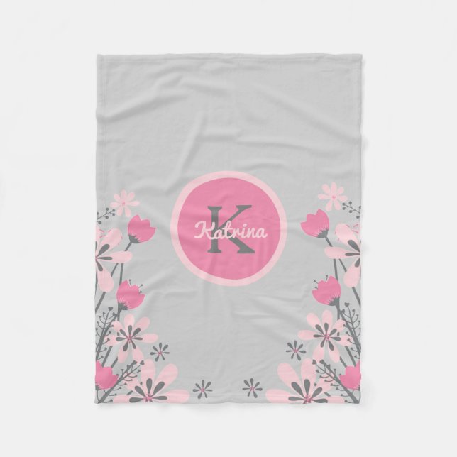 Personalized Pink Grey | Flowers Nursery Girl Fleece Blanket (Front)
