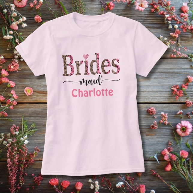 Personalized Pink Grey Leopard Print Bridesmaid  T-Shirt (Bridesmaid pink leopard print personalized T-shirt )