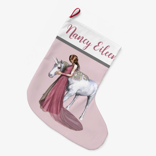 Personalized Pink & Grey Magical Unicorn & Maiden Large Christmas Stocking (Front (Hanging))