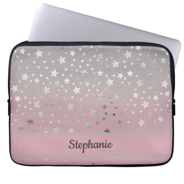 Personalized Pink Grey Stars Ombre Stylish Chic  Laptop Sleeve (Front)