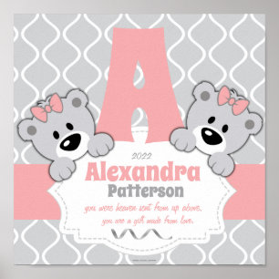 Personalized Pink & Grey Teddy Bear Nursery Room Poster
