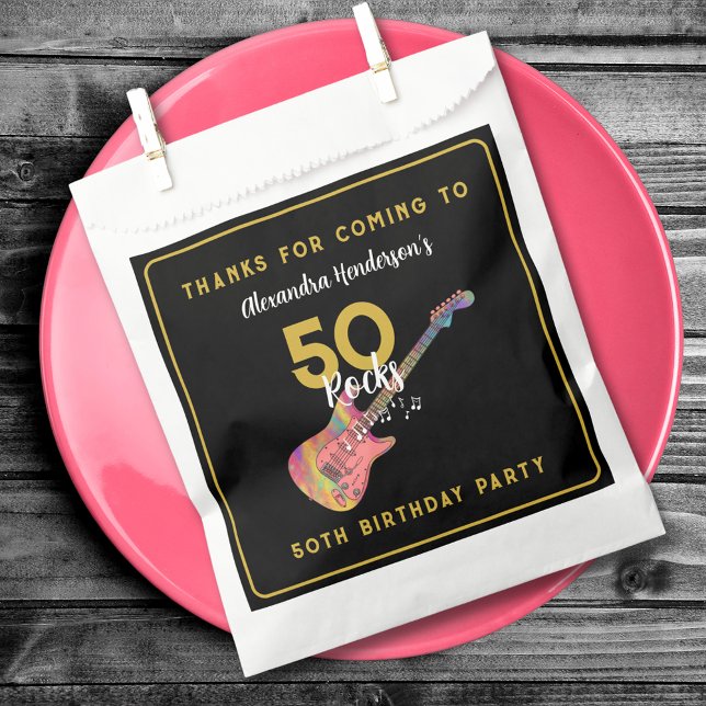 Personalized Pink Guitar 50th Birthday Thank You Favour Bag (50 Rocks cool pink guitar black and gold custom 50th birthday party thank you favor bag)