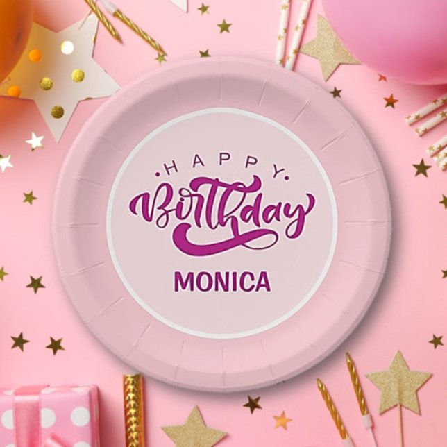 Personalized Pink Happy Birthday  Paper Plate (Creator Uploaded)