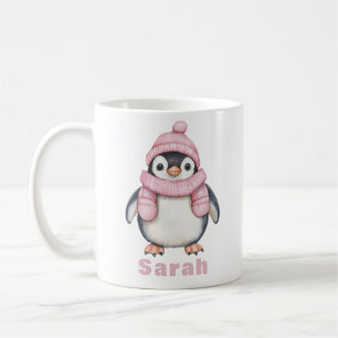 Personalized Pink Hat Penguin Custom Name Coffee Mug