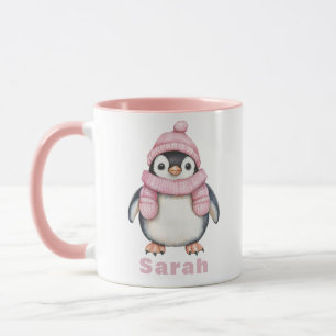 Personalized Pink Hat Penguin Custom Name Mug