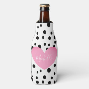 Personalized Pink Heart and Dots Bottle Cooler
