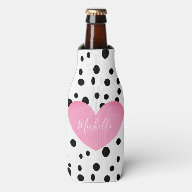 Personalized Pink Heart and Dots Bottle Cooler (Bottle Front)
