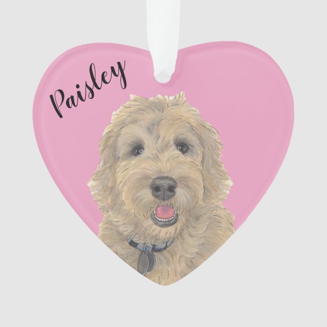 Personalized Pink Heart Apricot Golden Doodle Ornament (Front)