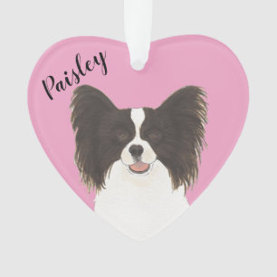 Personalized Pink Heart Black and White Papillon  Ornament