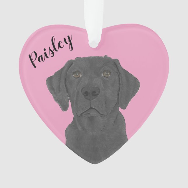 Personalized Pink Heart Black Labrador Ornament (Front)