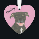 Personalized Pink Heart Black Pitbull Staffy Ornament<br><div class="desc">I am in love with this beautifully detailed watercolor illustration of a black pitbull staffy dog! Personalize these reversible ornaments and make the nice list this year! Shop the rest of my collection for the sweetest housewarming, bridal shower, teacher, mother-in-law, husband, boyfriend, secret santa, sympathy, or tough-to-shop-for gifts! To see...</div>