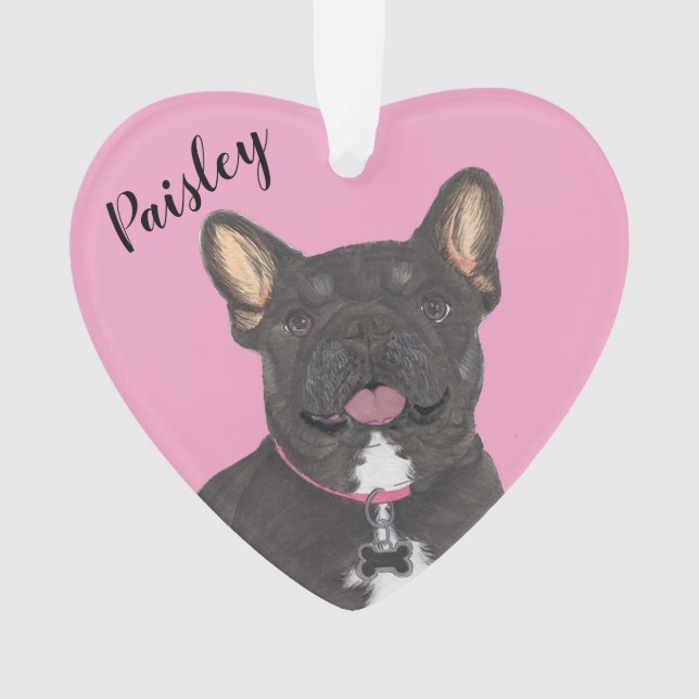 Personalized Pink Heart Black Tan Tricolo Frenchie Ornament (Front)