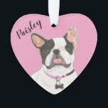 Personalized Pink Heart Black White Pied Frenchie Ornament<br><div class="desc">I am in love with this beautifully detailed watercolor illustration of a blue and white pied frenchie or french bulldog on a sweet pink heart! Personalize these pastel ornaments and make the nice list this year! For the perfect presents, pair it with a matching item from the collection for a...</div>